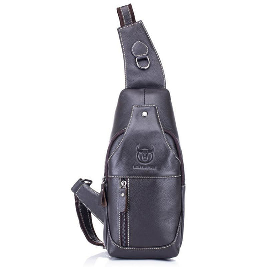 Dark gray leather crossbody chest bag with top loop buckle and front zipper pocket