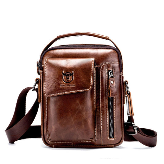 Dark brown leather messenger bag with flap front pocket, front zip, and adjustable shoulder strap
