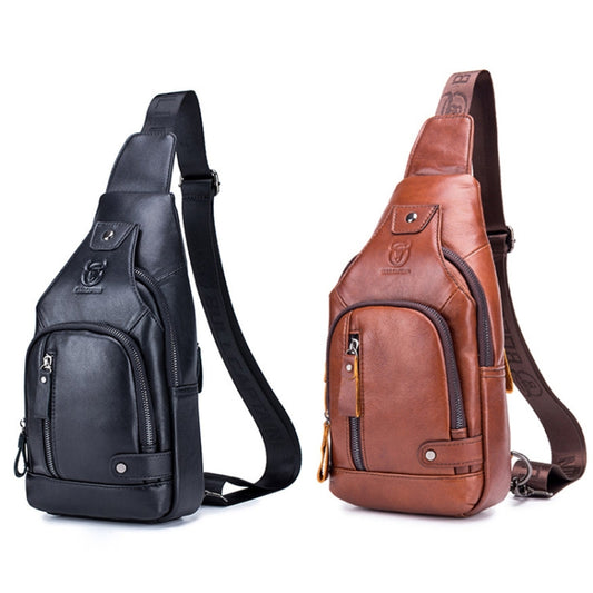 Leather chest bag shown in black and brown, with front zip pocket and adjustable strap