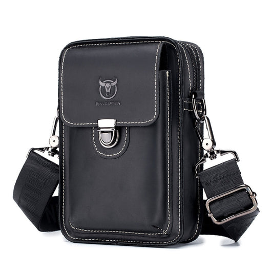 Men’s black leather waist phone bag with front flap and buckle strap hardware