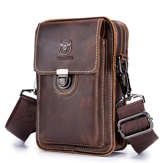 Men’s brown leather waist phone bag with front flap, contrast stitching, and side strap