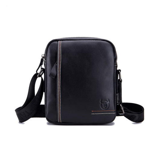 Men’s black leather mini diagonal shoulder bag with zip closure and adjustable strap