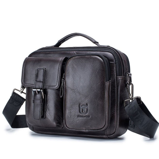 Black leather messenger bag with front flap pockets, top handle, and crossbody strap