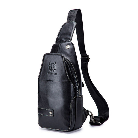 BUFF CAPTAIN men’s black leather shoulder chest bag with adjustable strap and front pocket