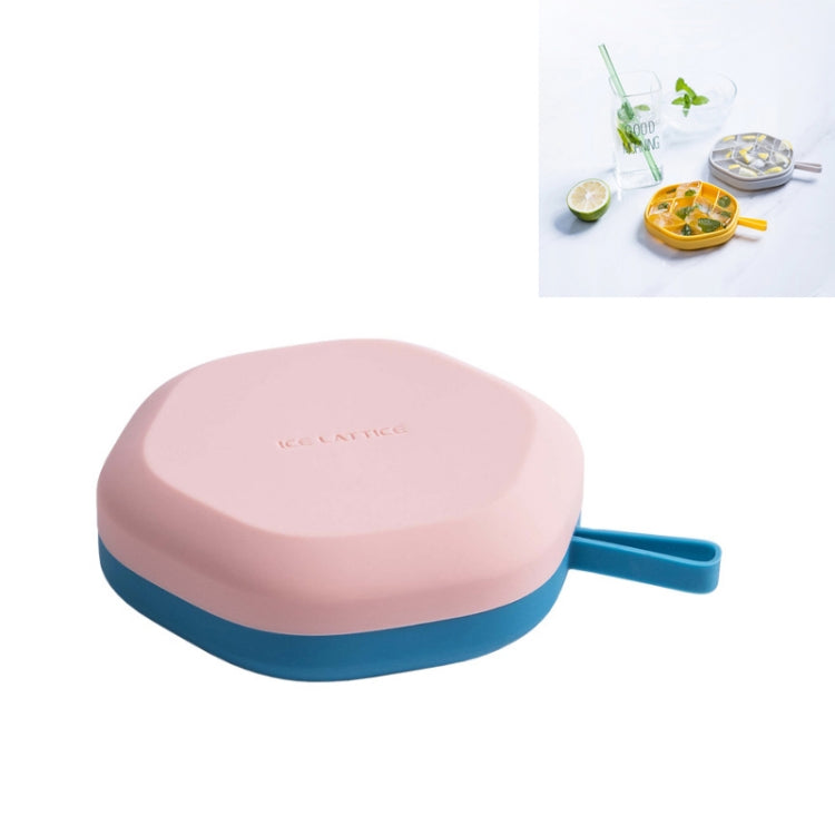 Hexagonal ice cube mold storage box with pink lid and blue base, built-in handle