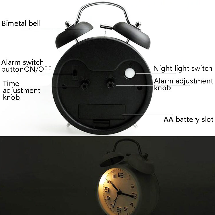 Back panel of alarm clock showing alarm switch, light switch, time knob, and AA battery slot