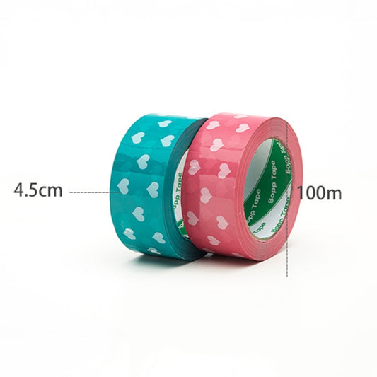 Heart-pattern BOPP tape rolls, 4.5 cm wide and 100 m long, teal and pink