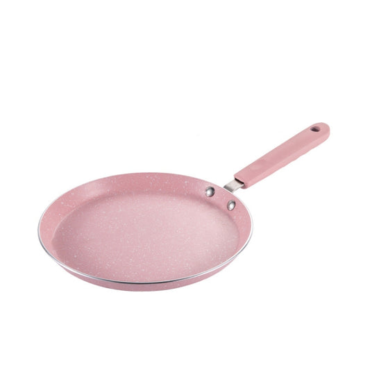 Pink nonstick omelette pancake skillet with long handle, shallow round pan.