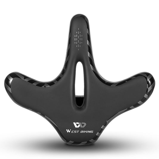 Black bicycle saddle with center cutout, smooth side panels, and West Biking logo.