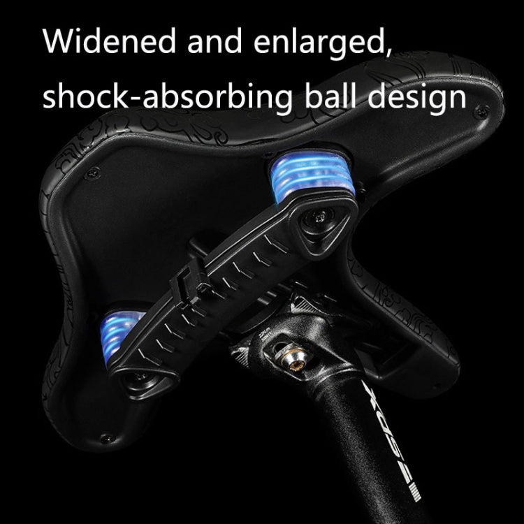 Close-up of black bicycle saddle with shock-absorbing blue spring dampeners and bracket.