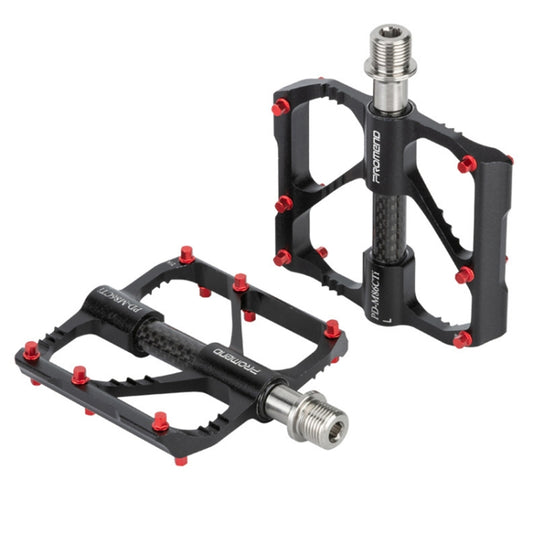 Titanium-axle carbon bicycle pedals, black with red hardware and dual-sided grip