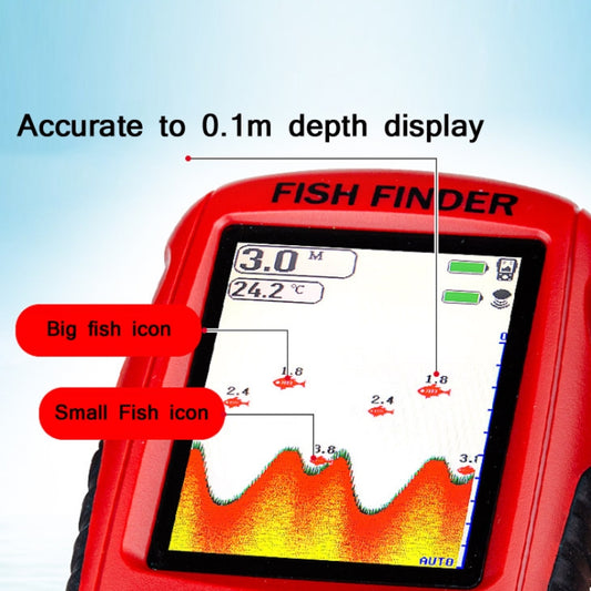 Red fish finder showing sonar depth and fish icons on HD screen