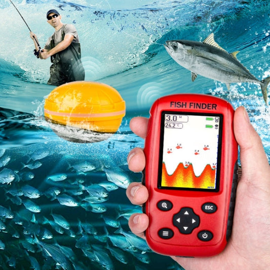 Red handheld fish finder with HD display screen and control buttons