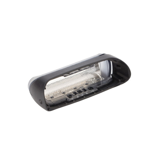 Shaver foil cartridge viewed from side, silver mesh with black plastic casing