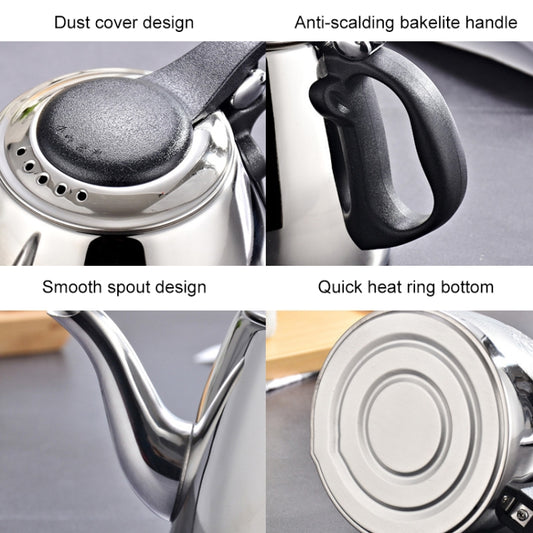 Stainless steel kettle close-up with black handle and lid, spout and base heat ring