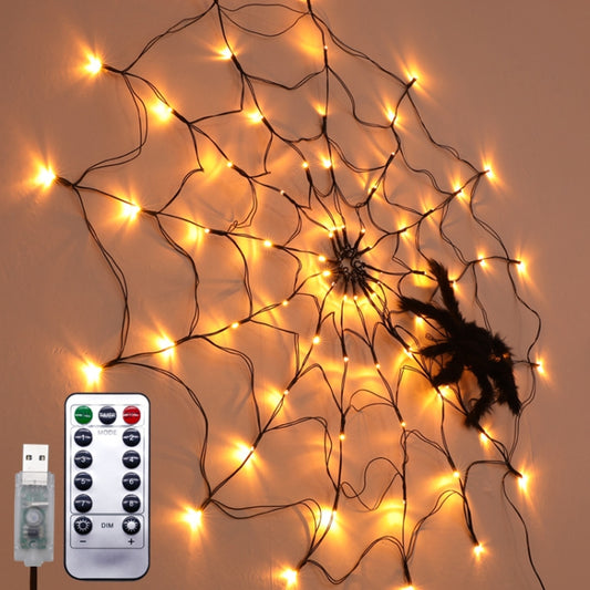 Halloween LED spider web string lights with warm glowing bulbs and black spider decoration