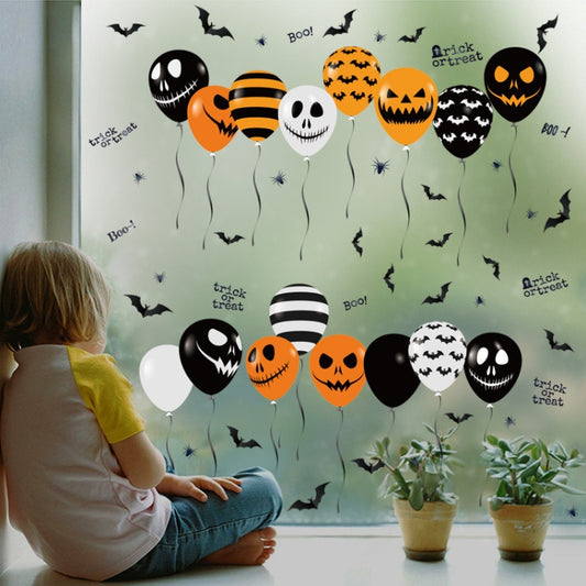Halloween balloon electrostatic stickers featuring skull, jack-o-lantern, striped balloons and bats