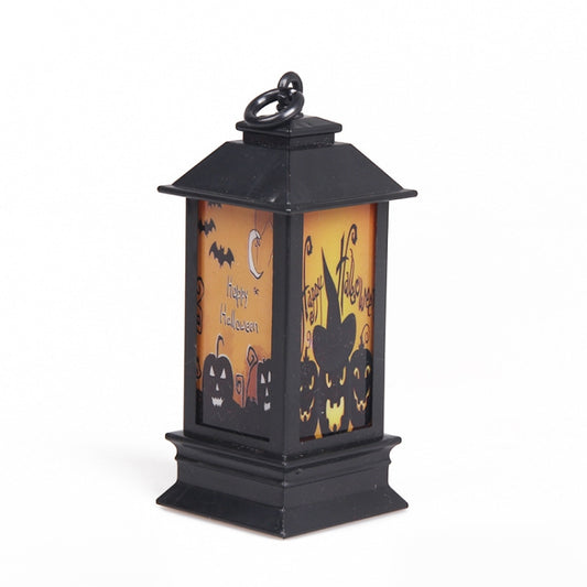 Black Halloween lantern with orange glowing jack-o'-lantern and bats window panels