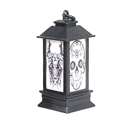 Black Halloween lantern with white skull and skeleton window graphics