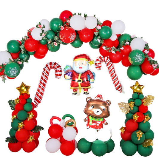 Christmas balloon arch: red, green & white balloons with Santa, bear, and wreath decor