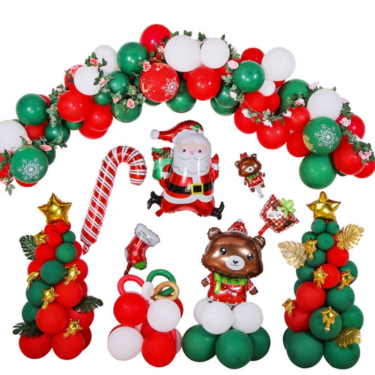 Christmas balloon arch featuring red, green & white balloons with Santa, snowman and bear figures