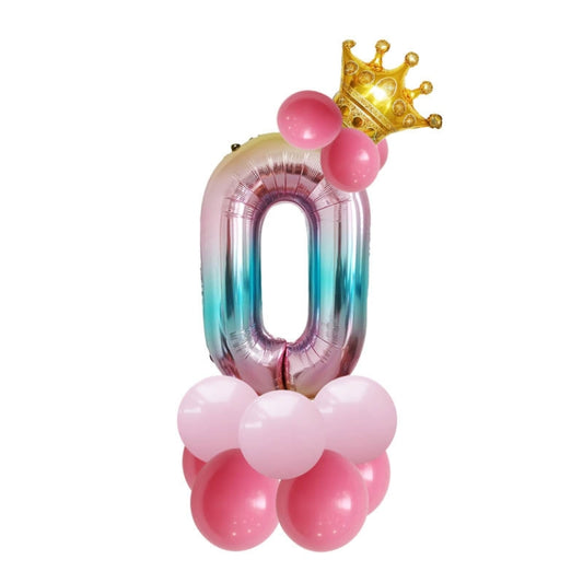 Birthday balloon set with gold crown, pink balloons, and silver gradient number 0