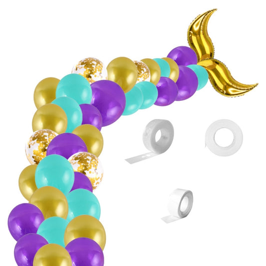 Mermaid tail balloon decoration set with gold, purple, teal, and purple balloons plus white accessories