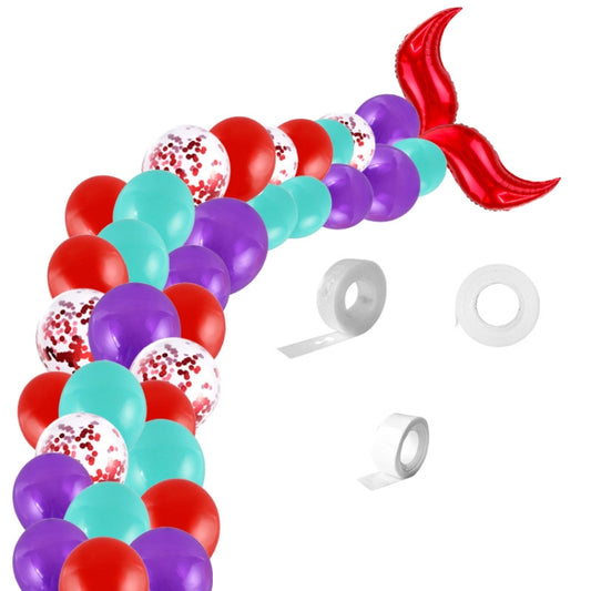 Mermaid tail balloon decoration set with red, purple, and teal balloons plus white accessories