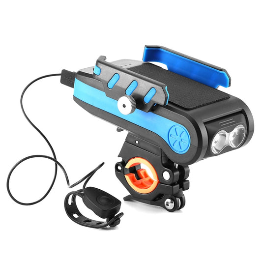 Blue and black bicycle front light with phone holder and horn-style speaker