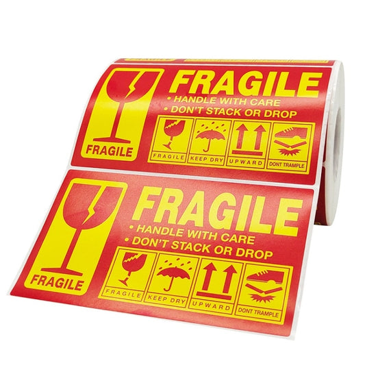Fragile warning shipping stickers roll, red and yellow "FRAGILE" labels and icons