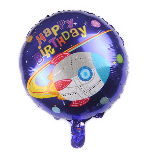 Purple-blue space rocket foil balloon with 'HAPPY BIRTHDAY' lettering