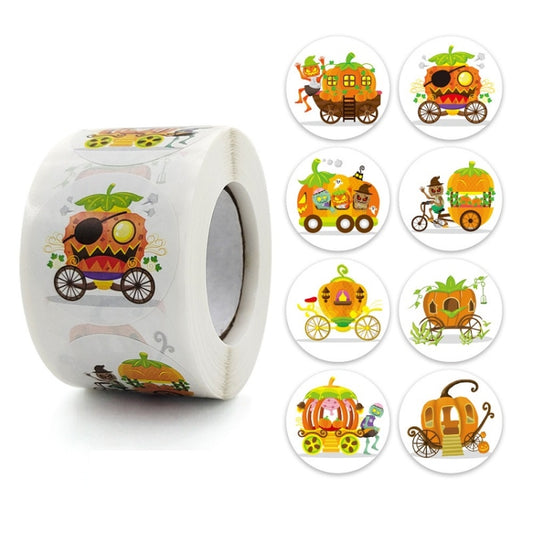 Halloween pumpkin car sticker roll with cartoon pumpkin faces in wheelbarrow designs