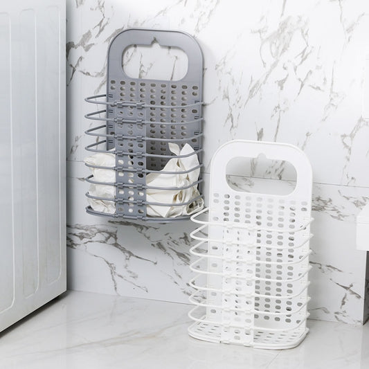 Set of wall-mount folding laundry baskets: white and grey, perforated panels