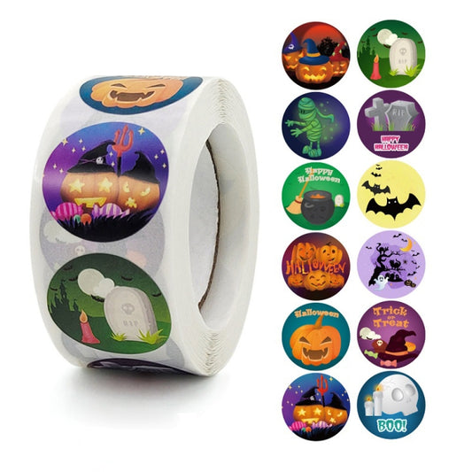 Roll of Halloween round stickers with pumpkins, ghosts, cats, and bats