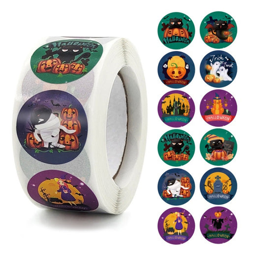 Roll of Halloween round stickers with "Trick or Treat" and spooky character scenes