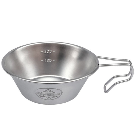 Stainless steel camping bowl with loop handles and measurement markings
