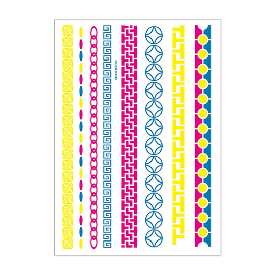 Fluorescent arm tattoo sticker sheet with neon geometric chain and border patterns