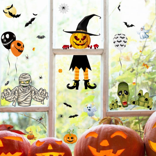Halloween window sticker set: pumpkin, witch, ghost, bats, and spider web decals