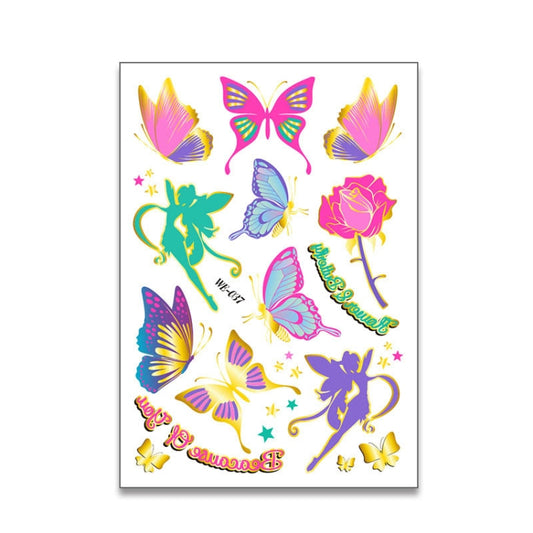 Kids butterfly and fairy water-transfer tattoo sticker sheet, colorful bronzing designs
