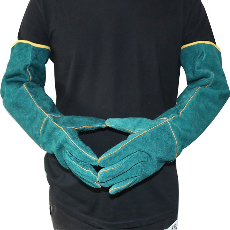 Teal five-finger gloves with long cuffs and yellow contrast seam lines