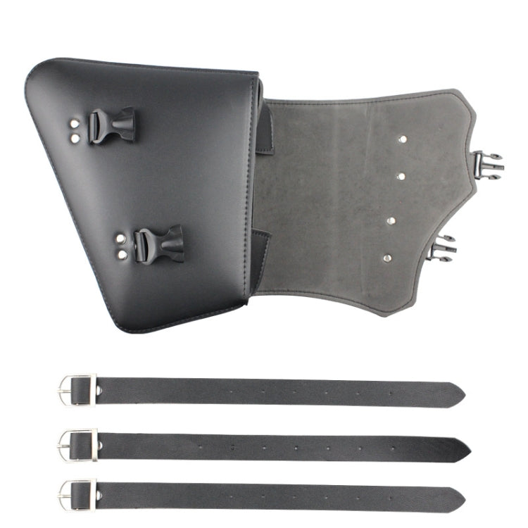 Black leather motorcycle side box bag set with adjustable strap and metal hardware