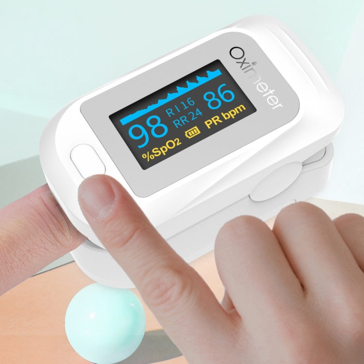 White finger pulse oximeter held in hand, showing SpO2 and PR bpm on screen