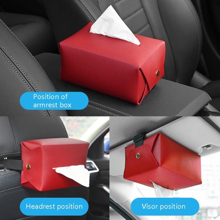 Red leather-look car tissue box with tissue opening and mounting clips