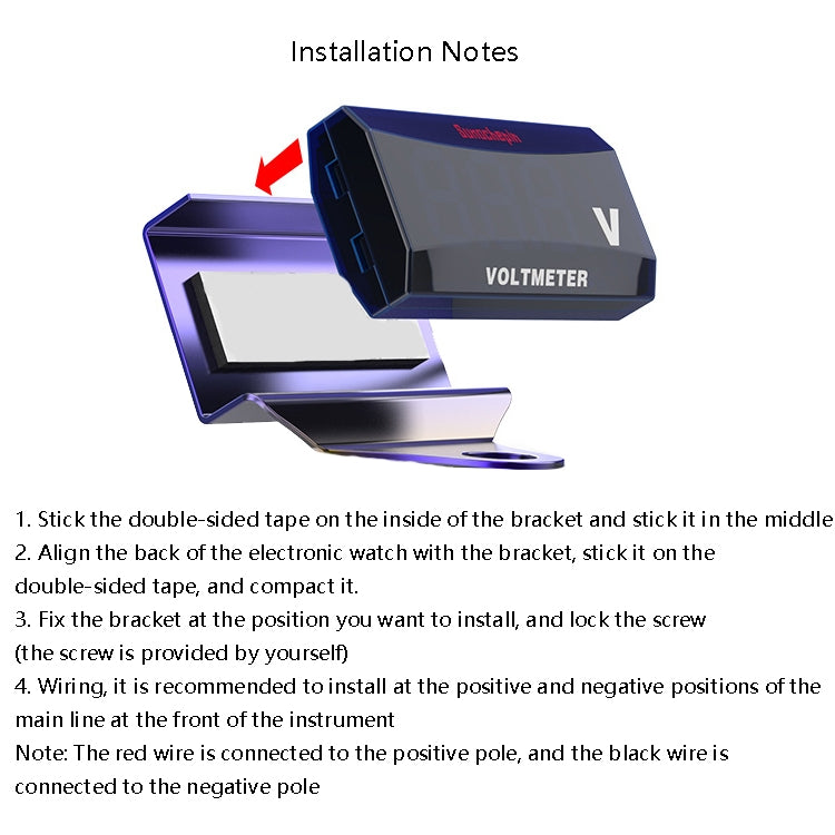 Motorcycle LED voltmeter installed on mounting bracket with wiring connections