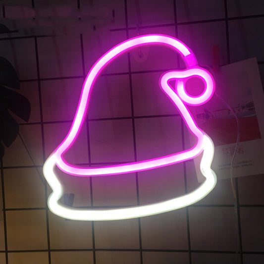 Neon-style Christmas hat wall ornament with bright purple and pink light outline