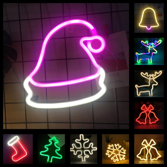 Neon-style Christmas hat ornament glowing bright pink and white light outline