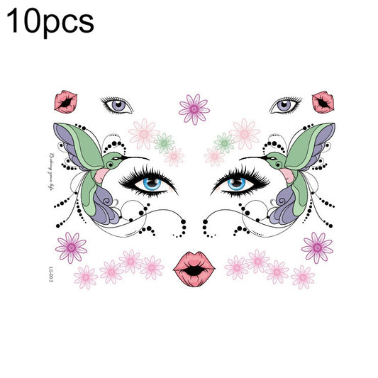Glitter face tattoo sticker sheet with green leaves, flowers, and eye design