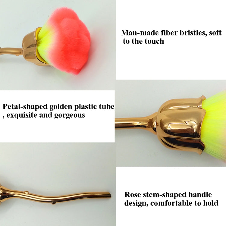 Loose powder makeup brush with multicolor bristles and gold petal-shaped tube