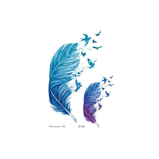 Waterproof flower arm tattoo sticker set with blue and purple feather wings (SC-558)