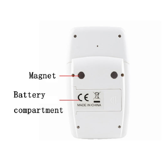 Back of digital food thermometer with magnet points and battery compartment, white